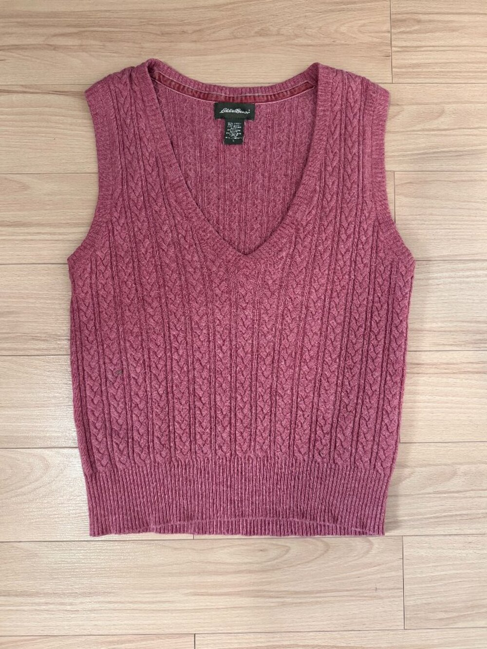 Eddie Bauer Vintage Cable Knit Sweater Vest V-Neck Mauve Pink Plum Purple L